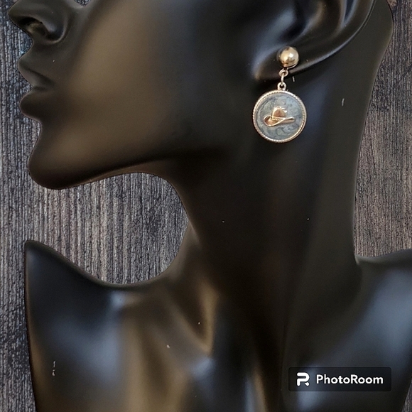 3/$30 Cowboy Core Teal Western Cowboy Hat Coin Dangle Post Earrings - Picture 1 of 4